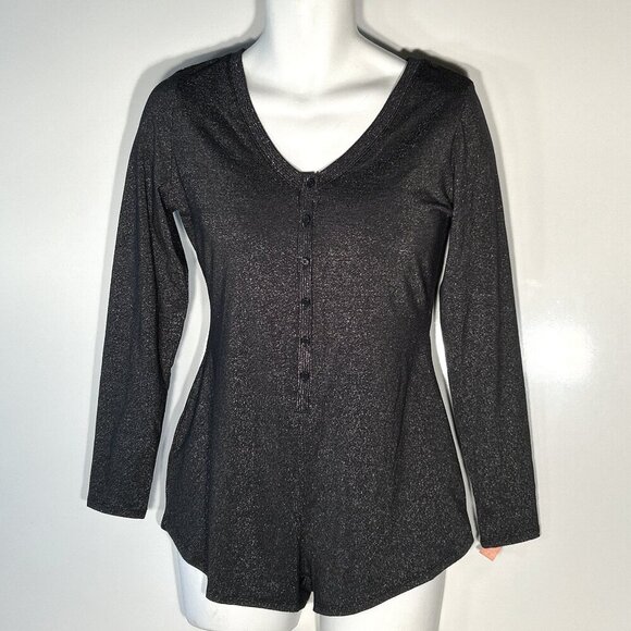 Colsie NWT SZ S Black Metallic Henley Bodysuit Modern 80s Layering Edgy Y2K - Picture 1 of 11